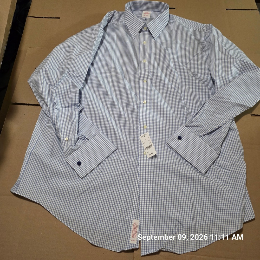 Brooks Brothers Mens 17.5 35 Traditional Fit Blue Check French Cuff Dress Shirt